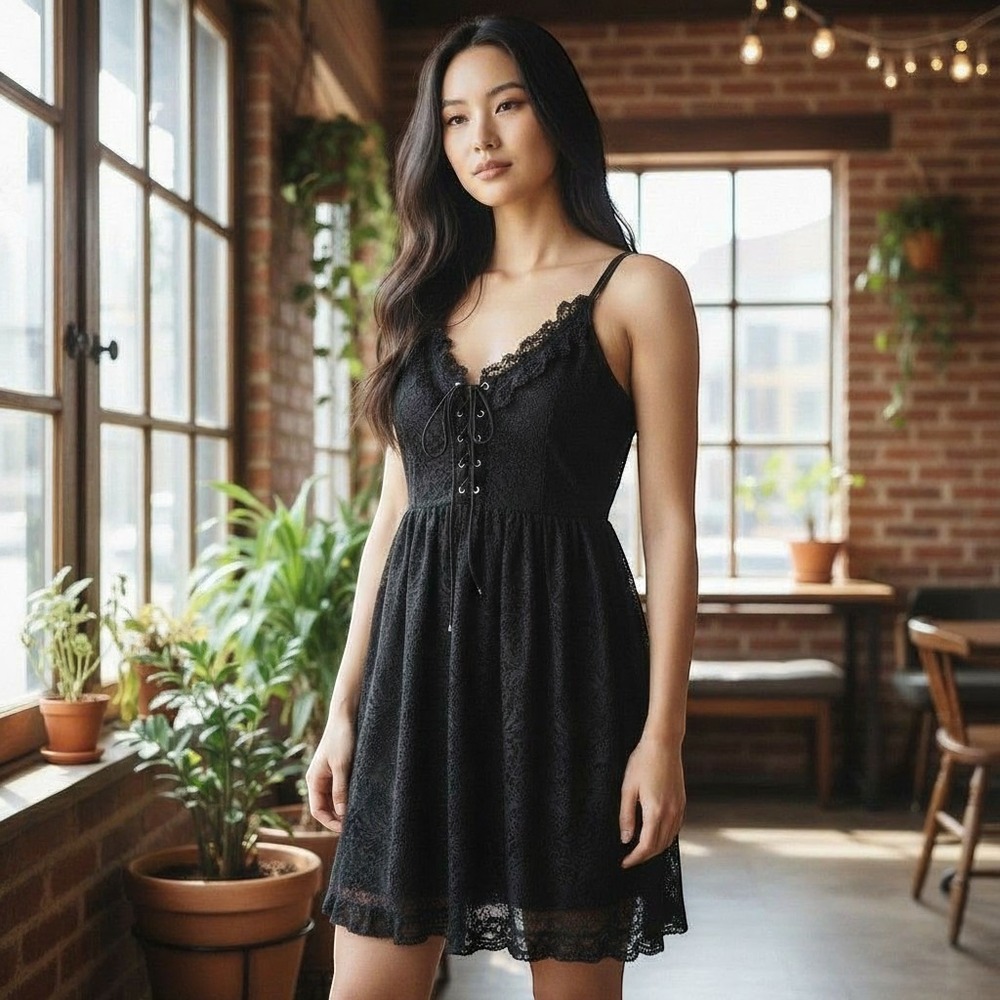 Killstar Black Lace Mini Dress Small Lace-Up Corset Gothic Babydoll Ruffle Hem
